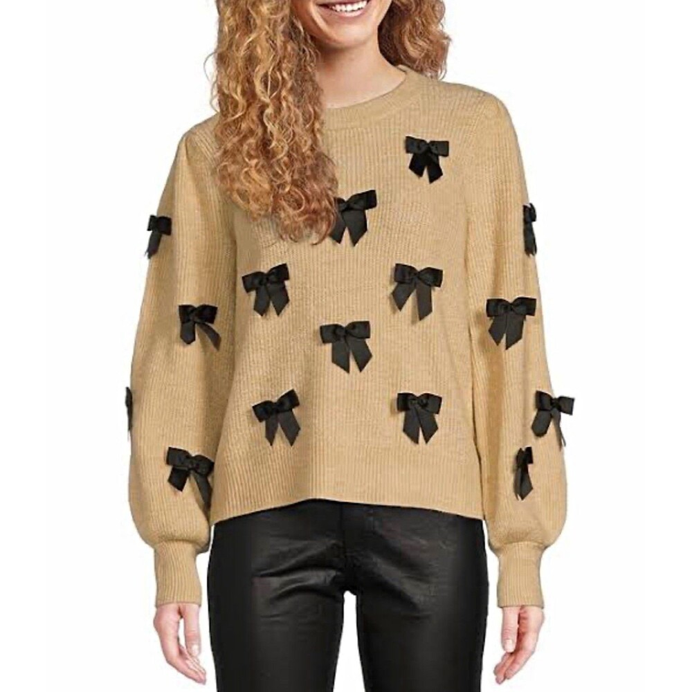 Lilly Pulitzer Zarie Beige Knit Crew Neck Sweater w/ Black Bow. Size M